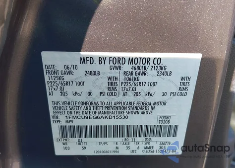 2010 Ford Escape Limited из США, поврежденный, VIN 1FMCU9EG6AKD15530
